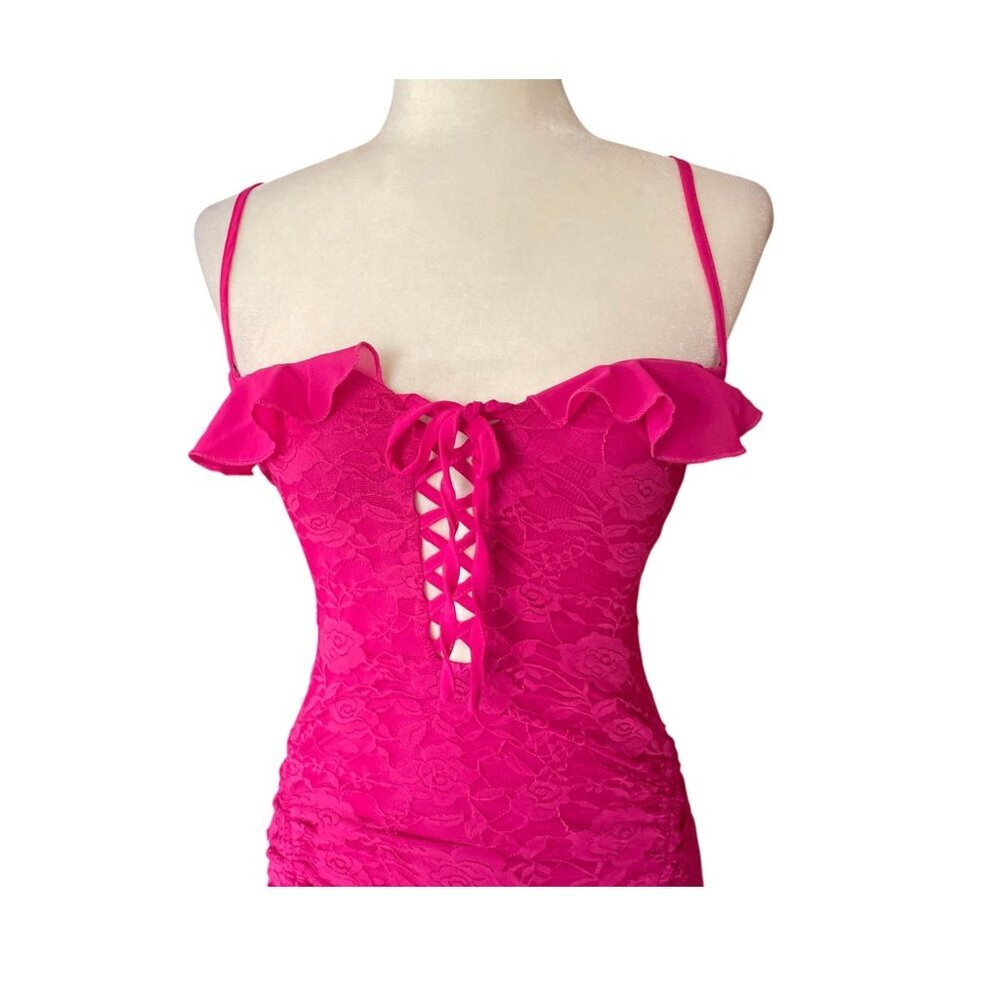 Outcast Hot Pink Lace Corset Mini Dress Ruched Y2K Barbiecore Party Club Dress S - Picture 6 of 13